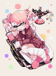  amezawa_koma asymmetrical_bangs beige_background black_dress bloblobber_(splatoon) boots commentary dango_hair_ornament dress fangs female fetal_position food-themed_hair_ornament from_above hair_ornament heart highres inkling inkling_girl inkling_player_character jellyfish_(splatoon) judd_(splatoon) li&#039;l_judd_(splatoon) logo long_sleeves looking_at_viewer lying octarian_(enemy) octotrooper on_side one_eye_closed pillow pointy_ears polka_dot polka_dot_background shirt short_hair short_twintails skin_fangs sleeping solo splat_bomb_(splatoon) splatoon_(series) splatoon_2 splattershot_jr_(splatoon) sprinkler_(splatoon) squid star_(symbol) symbol-only_commentary tentacle_hair turtleneck twintails white_footwear white_shirt 