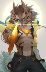  abs anthro biri canid canine canis clothed clothing countershading digital_media_(artwork) fur green_eyes hi_res jackal lifewonders male mammal muscular muscular_anthro muscular_male pecs seth_(tas) solo tokyo_afterschool_summoners 