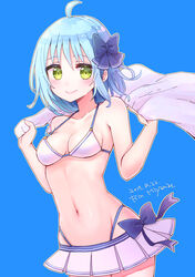  ahoge artist_name bad_id bad_twitter_id bikini bikini_skirt blue_background blue_bow blue_hair bow bow_bikini breasts closed_mouth commentary_request cowboy_shot dated female green_eyes hairbow highleg highleg_bikini highres holding holding_towel looking_at_viewer medium_breasts medium_hair miyamae_porin navel original re:zero_kara_hajimeru_isekai_seikatsu signature simple_background skindentation smile solo standing string_bikini swimsuit towel white_bikini 