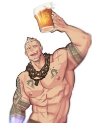  1boy aaron_huton_(cyphers) abs arm_tattoo arm_up bandaid bandaid_on_cheek bandaid_on_face bara beard beer_mug black_hair brk_603 chain_necklace chains cup cyphers dog_tags facial_hair grin highres jewelry large_pectorals male_focus mature_male mug muscular muscular_male necklace nipples pants pectorals short_hair smile solo stomach tattoo topless_male upper_body white_background white_hair 