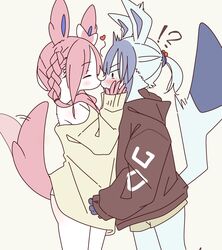  ?! anthro anthrofied blue_body blue_fur blue_hair blush bottomwear closed_eyes clothed clothing duo eeveelution female female/female fur generation_4_pokemon generation_6_pokemon glaceon hair heart_symbol hi_res holding_face hoodie kemono kissing mammal mikeyama nintendo nuzzling pink_hair pokemon pokemon_(species) pokemorph shocked simple_background skirt surprise_kiss sweater sylveon tail tail_motion tailwag topwear white_body white_fur 