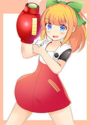  arm_cannon aru_(arudes) blonde_hair blue_eyes blunt_bangs blush bow commentary_request dress female green_bow hairbow hand_on_own_arm long_hair long_sleeves looking_at_viewer mega_man_(classic) mega_man_(series) mega_man_11 open_mouth ponytail red_dress red_skirt roll_(mega_man) skirt smoke solo standing weapon 