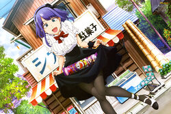  :d absurdres bench black_hairband black_pantyhose bow bowtie candy candy_store copyright_name curtsey dagashi_kashi day dutch_angle female food hairband high_heels highres looking_at_viewer magazine_scan nail_polish newtype official_art open_mouth outdoors pantyhose purple_hair red_bow ringed_eyes scan shidare_hotaru shop skirt skirt_basket skirt_hold smile solo tree umaibou utility_pole wire 