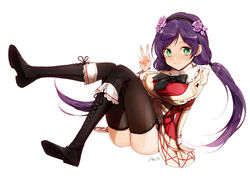  anz_(starry) blush boots breasts commentary_request cross-laced_footwear female green_eyes idol lace-up_boots large_breasts long_hair looking_at_viewer love_live! love_live!_school_idol_project photoshop_(medium) purple_hair skirt smile solo sore_wa_bokutachi_no_kiseki tojo_nozomi twintails v 