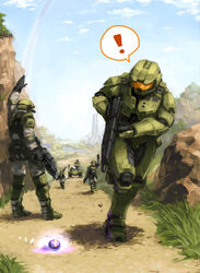  ! 6+boys armor assault_rifle assault_visor atmospheric_perspective bad_id bad_pixiv_id bullpup car cloud covered_face day explosive grenade gun halo_(series) helmet holding holding_gun holding_weapon ma5 machine_gun marine_(halo) master_chief military military_vehicle motor_vehicle multiple_boys orange_visor pickup_truck plasma_grenade_(halo) power_armor rifle ringworld sky sniper_rifle spartan_(halo) speech_bubble spoken_exclamation_mark sports_utility_vehicle truck warthog_(halo) weapon yokoshima_(tirimoti) 