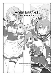  2girls bad_id bad_pixiv_id chibi dragon greyscale itoichi. lisbeth_(sao) long_hair monochrome more_deban multiple_girls pina_(sao) placard short_hair sign silica sword_art_online thighhighs twintails 