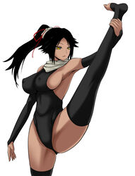  armpits bad_id bad_pixiv_id barefoot black_hair black_thighhighs bleach breasts bridal_gauntlets commentary_request covered_nipples dark-skinned_female dark_skin detached_sleeves female highleg highleg_leotard highres large_breasts leg_lift legs leotard long_hair long_legs open_mouth ponytail scarf shihouin_yoruichi shima-shuu sideboob solo stretching thighhighs thighs toeless_legwear yellow_eyes 