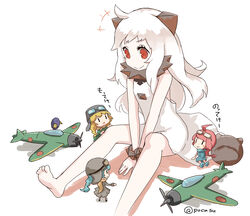  4girls absurdres abyssal_ship ahoge aircraft airplane barefoot between_legs bird colored_skin commentary_request dress fairy_(kancolle) flight_goggles hand_between_legs highres kantai_collection long_hair multiple_girls northern_ocean_princess pokasu red_eyes sitting sleeveless sleeveless_dress smile translated type_0_fighter_model_52 type_0_fighter_model_62 type_0_observation_seaplane white_hair white_skin 