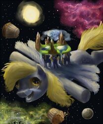  amber_eyes blonde_hair cloud derp_eyes derpy_hooves discworld equid equine female food friendship_is_magic hair hasbro horse mammal mountain muffin multi_derp my_little_pony planet pony space sun unknown_artist water 