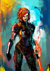  armor blue_eyes bodysuit clenched_hands commander_shepard commander_shepard_(female) commentary energy_blade english_commentary female lips mass_effect_(series) mass_effect_3 muju n7_armor omnitool photoshop_(medium) red_hair short_hair solo weapon 