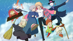  2boys 2girls bacon broom calcifer canine commentary_request couple egg everyone fire food frying_pan hat heen highres howl_(howl_no_ugoku_shiro) howl_no_ugoku_shiro kakashi_no_kabu markl multiple_boys multiple_girls poo_(saku) scarecrow smoking_pipe sophie_(howl_no_ugoku_shiro) straight witch_of_the_waste wood 