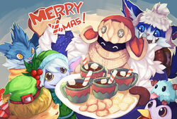  2015 anthro bard_(lol) beverage candy clothing dessert english_text fangs female food gnar_(lol) group hat headgear headwear league_of_legends lowerkuo male marshmallow riot_games rumble_(lol) teemo_(lol) teeth tencent text tristana_(lol) yordle 