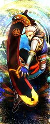  absurdres armor bad_id bad_pixiv_id bracer dark-skinned_female dark_skin facial_tattoo female fingerless_gloves gloves greaves highres huge_weapon hyrule_warriors impa matcho pointy_ears red_eyes scabbard sheath sheathed sheikah shoulder_pads solo sword tattoo the_legend_of_zelda weapon white_hair 