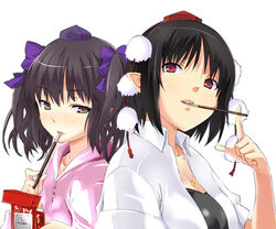  2girls black_hair blush bow brown_eyes brown_hair cl_(h-sys.) commentary_request food hairbow hat hat_ribbon himekaidou_hatate jewelry looking_at_viewer mouth_hold multiple_girls necklace pendant pocky pointy_ears red_eyes ribbon shameimaru_aya shirt tokin_hat touhou twintails upper_body waiting_for_kiss 