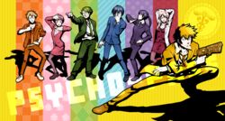  3girls 4boys azuma_hatori bad_id bad_pixiv_id caduceus colorful dominator_(gun) fabulous formal ginoza_nobuchika gun highres jojo_no_kimyou_na_bouken jojo_pose kagari_shuusei karanomori_shion kougami_shin&#039;ya kunizuka_yayoi masaoka_tomomi multiple_boys multiple_girls multiple_monochrome pantyhose parody pencil_skirt psycho-pass skirt standing suit tsunemori_akane weapon 