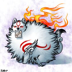  1:1 2017 amaterasu_(okami) ambiguous_gender bone canid canine canis capcom closed_eyes clover_studio conditional_dnp daww deity digital_media_(artwork) excessive_fluff feral fire fluffy fur mammal okami_(capcom) poof ratte simple_background solo white_body white_fur wolf 