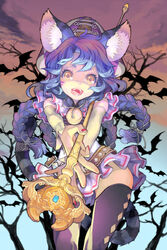  animal_ears bare_tree bat_(animal) blue_hair cat_ears female lowres scepter serenade_(sinohi) solo sword_girls thighhighs too_many too_many_bats tree yellow_eyes 