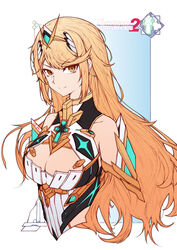  armor bad_id bad_pixiv_id bare_shoulders blonde_hair breasts cleavage cleavage_cutout clothing_cutout commentary_request earrings female gem headpiece highres jewelry large_breasts long_hair looking_at_viewer mythra_(xenoblade) photoshop_(medium) q-pra solo swept_bangs tiara xenoblade_chronicles_(series) xenoblade_chronicles_2 yellow_eyes 