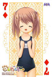  :d ^_^ arizuki_shiina brown_hair card card_(medium) closed_eyes female kud_wafter little_busters! lolicon long_hair na-ga one-piece_swimsuit open_mouth playing_card quad_tails scan school_swimsuit smile solo swimsuit 