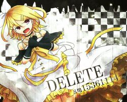  blonde_hair commentary_request dress english_text female frilled_dress frills gloves hair_ornament hair_ribbon hairclip hand_on_own_chest kagamine_rin open_mouth red_eyes ribbon short_hair solo vocaloid wakolenrin 