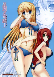  2girls artist_request ass bikini black_bikini blonde_hair blue_bikini blue_eyes breasts butt_crack cleavage front-tie_top green_eyes highres huge_breasts large_breasts long_hair multiple_girls rebecca_randall red_hair scan seikoku_no_dragonar shiny_skin side-tie_bikini_bottom sideboob silvia_lautreamont slingshot_swimsuit swimsuit underboob zoom_layer 