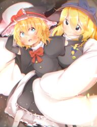  2girls absurdres akabeco black_eyes black_gloves black_hat blonde_hair blue_bow blue_eyes blue_ribbon blush bow breasts chromatic_aberration closed_mouth commentary_request cookie_(touhou) elbow_gloves gloves hat hat_bow hat_ribbon highres kirisame_marisa large_breasts looking_at_viewer looking_away meguru_(cookie) multiple_girls oerba_yun_fang parted_lips puffy_short_sleeves puffy_sleeves red_bow red_ribbon ribbon short_sleeves smile touhou witch_hat yuuhi_(cookie) 