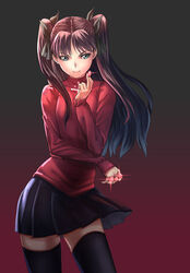  between_fingers black_thighhighs commentary_request fate/stay_night fate_(series) female gem green_eyes hair_ribbon holding long_hair looking_at_viewer photoshop_(medium) ribbon skirt smile solo tg01 thighhighs tohsaka_rin two_side_up zettai_ryouiki 