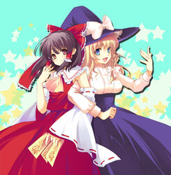  2girls blonde_hair blue_eyes braid brown_eyes brown_hair crossed_arms detached_sleeves hair_ribbon hair_tubes hakurei_reimu hat hat_ribbon holding_another&#039;s_arm kirisame_marisa multiple_girls ribbon side_braid tanabe touhou witch_hat 