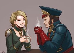  1boy amberley_vail blonde_hair brown_hair coffee commentary_request commissar commissar_caiphas_cain drink earrings female gloves inquisition_(warhammer) jewelry lutherniel military military_uniform smoke uniform warhammer_40k 