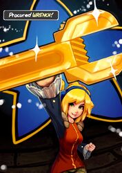  anokorok blonde_hair breasts clenched_hand female green_eyes headphones lips medium_breasts nose robin_(the_iconoclasts) smile solo the_iconoclasts wrench 