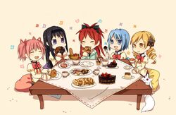  5girls akemi_homura bag black_tea bread cake checkerboard_cookie chibi closed_eyes commentary_request cookie cup cushion doughnut drill_hair eating food fork kaname_madoka kyuubee long_hair macaron mahou_shoujo_madoka_magica mahou_shoujo_madoka_magica_(anime) miki_sayaka mitakihara_school_uniform multiple_girls open_mouth paper_bag parfait pie plate pocky sakura_kyoko school_uniform short_hair sitting table tablecloth tea teacup tomoe_mami tomoyami 