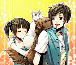  1boy bad_id bad_pixiv_id brown_hair canine copyright_request dog_tags feline female iwakamu short_hair 