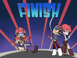  2boys commentary_request diavolo female guido_mista gun hat jojo_no_kimyou_na_bouken long_hair multiple_boys panty_&amp;_stocking_with_garterbelt parody pink_hair red_hair shaded_face smoke style_parody trish_una ukihashi weapon 