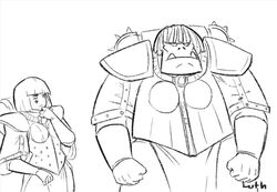  1boy adepta_sororitas armor commentary crossdressing female greyscale lutherniel monochrome orc ork_(warhammer) power_armor short_hair teeth warhammer_40k 