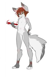  anthro canid canine featureless_crotch fur hair hi_res holding_object holding_tool looking_at_viewer male mammal nude solo standing tools tweedabop wrench 