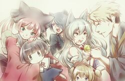  1boy 5girls :3 animal_ears bare_shoulders bell black_hair blonde_hair blush bob_cut breasts cat_ears cleavage commentary_request dog_ears fox_ears genderswap_(mtf) green_eyes grey_hair gugure!_kokkuri-san gun hair_bobbles hair_ornament hair_over_one_eye highres holding_hands ichimatsu_kohina inugami_(gugukoku) japanese_clothes jimeko-san kimono kokkuri-san_(gugukoku) kyol-2 long_hair medium_breasts multiple_girls open_mouth orange_hair pink_hair rule_63 shigaraki_(gugukoku) short_hair tama_(gugukoku) weapon yellow_eyes 