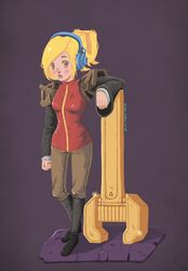  armor bad_deviantart_id bad_id blonde_hair blush breasts brown_eyes estampita female full-length_zipper headphones huge_weapon lipstick makeup pants pauldrons robin_(the_iconoclasts) shoulder_armor simple_background solo the_iconoclasts weapon wrench zipper 