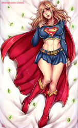  blonde_hair blue_skirt breasts cape commentary covered_nipples crop_top crystal dakimakura_(medium) dc_comics female full_body kachima kryptonite long_hair lying medium_breasts midriff miniskirt navel on_back photoshop_(medium) red_footwear skirt sleeves_past_wrists solo supergirl superhero_costume superman_(series) watermark web_address 