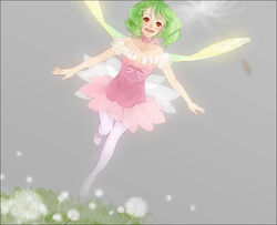  bad_id bad_pixiv_id bare_shoulders blush dandelion dress fairy female flower grass green_hair kurage long_hair macross macross_frontier macross_frontier:_sayonara_no_tsubasa open_mouth pantyhose ranka_lee red_eyes short_hair smile solo white_pantyhose wings 