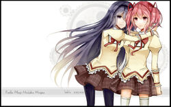  2girls akemi_homura bad_anatomy bad_id bad_pixiv_id black_hair kaname_madoka long_hair mahou_shoujo_madoka_magica mahou_shoujo_madoka_magica_(anime) mitakihara_school_uniform multiple_girls pantyhose pink_hair school_uniform skirt sukly thighhighs zettai_ryouiki 