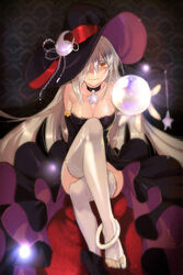  anklet breasts choker cleavage crossed_legs crystal_ball dress feet female hair_over_one_eye hat jewelry legs long_hair lowres medium_breasts meer_rowe orange_eyes panties photoshop_(medium) silver_hair sitting skirt solo star_(symbol) sword_girls thighhighs toeless_legwear underwear very_long_hair white_thighhighs witch witch_hat 