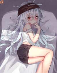  armpit_crease bed bed_sheet blush breasts brown_eyes brown_shorts commentary_request crossed_bangs ehart eyes_visible_through_hair female g11_(girls&#039;_frontline) girls&#039;_frontline hair_between_eyes hand_on_own_chin hat heart heart-shaped_pupils legs_together long_hair looking_at_viewer lying messy_hair off_shoulder on_side pillow red_scarf scarf scarf_on_head shadow shorts sidelocks singlet small_breasts smile solo symbol-shaped_pupils very_long_hair white_hair white_singlet 