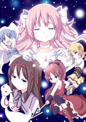  5girls akemi_homura akemi_homura_(magical_girl) cape closed_eyes commentary_request darkside everyone huge_weapon kaname_madoka kyuubee light_particles long_hair magical_girl mahou_shoujo_madoka_magica mahou_shoujo_madoka_magica_(anime) miki_sayaka miki_sayaka_(magical_girl) multiple_girls polearm sakura_kyoko sakura_kyoko_(magical_girl) smile space spear spoilers tears thighhighs tiro_finale tomoe_mami tomoe_mami_(magical_girl) ultimate_madoka weapon white_cape 