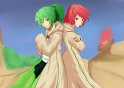  back-to-back back_to_back bow coat duel_monster green_eyes green_hair hiita long_hair pony-tail ponytail red_eyes red_hair short_hair skirt wynn yu-gi-oh! 