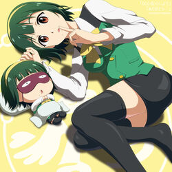  2girls black_legwear blanket brown_eyes chibi commentary_request finger_to_mouth green_hair hairband idolmaster idolmaster_(classic) kouchou looking_at_viewer lying mole mole_under_mouth multiple_girls otonashi_kotori photoshop_(medium) pillow piyopiyo puchimasu! shushing sleep_mask thighhighs vest yellow_hairband 