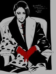  1boy artist_name asymmetrical_clothes black_background black_hair chair commentary_request dalmatian_print dated disneyland fur_collar gloves highres looking_at_viewer male_focus mr._dalmatia necktie recruiters_(disney) red_gloves simple_background sitting smirk solo toboso_yana 