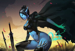  bad_deviantart_id bad_id battlefield black_hair blue_skin breasts cape cloud colored_skin dark_elf elf female fingernails large_breasts lineage lips long_fingernails midriff narongchai_singhapand navel parted_bangs petals player_character_(lineage) pointy_ears ponytail shoulder_pads sky solo star_(sky) starry_sky sword thighhighs underboob weapon 