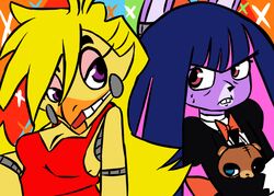  2016 alternative_fashion animatronic anthro avian bear bird bodily_fluids bonnie_(fnaf) bow_(feature) bow_tie breasts buckteeth chica_(fnaf) chicken cleavage clothed clothing cosplay cosplay_lolita crossover crossover_cosplay duo female five_nights_at_freddy&#039;s freddy_(fnaf) galliform gallus_(genus) goth gothic_lolita gyaru hat headgear headwear inkyfrog j-fashion lagomorph leporid lolita_(fashion) machine male mammal onee_gyaru panty_(pswg) panty_and_stocking_with_garterbelt phasianid rabbit robot scottgames stocking_(pswg) sweat sweatdrop teeth top_hat toy y2k_(fashion) 