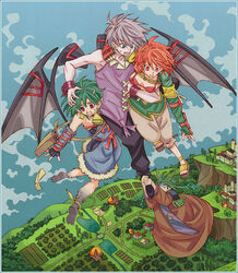  2boys 2girls bad_id bad_pixiv_id bell cowbell danette_(soul_cradle) demon_wings flying gig_(soul_cradle) green_hair grey_hair horns kame_tora multiple_boys multiple_girls odie_(soul_cradle) orange_hair revya revya_(female) scenery soul_cradle wings 