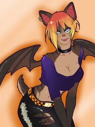  3:4 anthro bat belt bottomwear breasts cleavage clothed clothing ear_piercing female hair hi_res looking_at_viewer mammal membrane_(anatomy) membranous_wings midriff navel pants piercing shirt short_hair solo spread_wings topwear torn_clothing tweedabop wings 